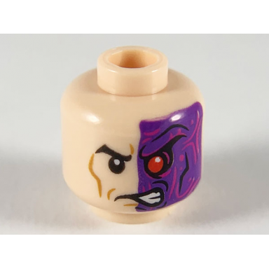 light nougat minifigure head dark purple left side with red eye and magenta swirls pattern
