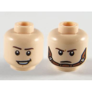 light nougat minifigure head dual sided dark brown eyebrows lopsided grin reddish brown chin strap pattern