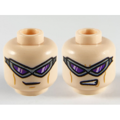 light nougat minifigure head dual sided pearl dark gray visor dark purple lenses medium nougat cheek lines small grin gritted teeth pattern