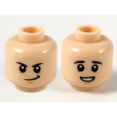 light nougat minifigure head dual sided black eyebrows lopsided smirk worried showing teeth pattern