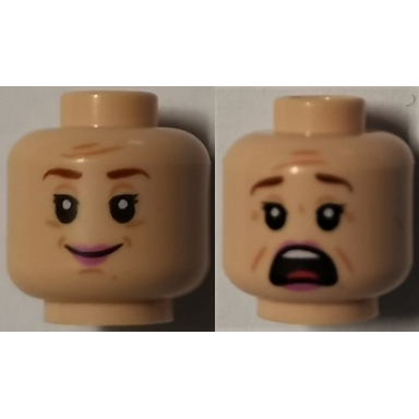 light nougat minifigure head dual sided female reddish brown eyebrows pink lips smile scared pattern dolores umbridge
