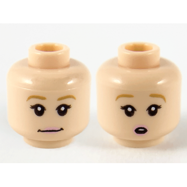 light nougat minifigure head dual sided female dark tan eyebrows black eyelashes bright pink lips neutral surprised open mouth with top teeth pattern