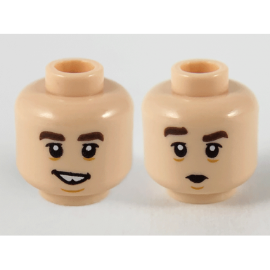 light nougat minifigure head dual sided dark brown eyebrows smile with tooth gap pucker pattern