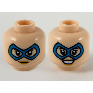 light nougat minifigure head dual sided female dark azure domino mask medium nougat lips neutral smile pattern