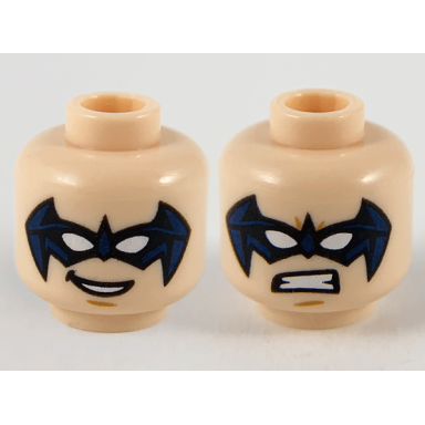light nougat minifigure head dual sided black and dark blue domino mask white eye slits smile fierce pattern