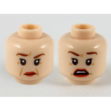 light nougat minifigure head dual sided female reddish brown eyebrows dark orange wrinkles red lips raised right eyebrow surprised pattern