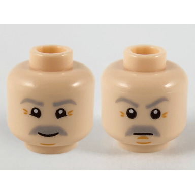 light nougat minifigure head dual sided light bluish gray eyebrows and moustache dark orange wrinkles neutral grin pattern
