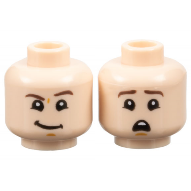 light nougat minifigure head dual sided dark brown eyebrows medium nougat chin dimple lopsided grin with raised left eyebrow scared open mouth with top teeth pattern