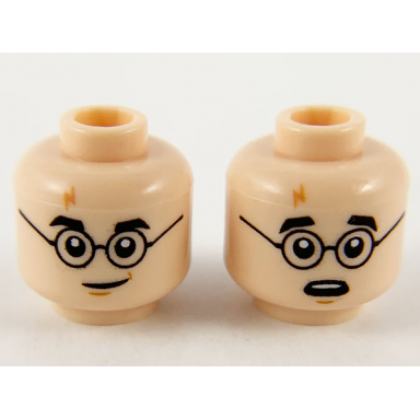 light nougat minifigure head dual sided medium nougat lightning scar black eyebrows and glasses grin surprised pattern