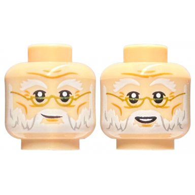 light nougat minifigure head dual sided white bushy eyebrows and beard gold glasses grin smile with teeth pattern