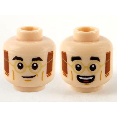 light nougat minifigure head dual sided black eyebrows gold glasses reddish brown mutton chops grin open mouth smile pattern