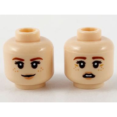 light nougat minifigure head dual sided female reddish brown eyebrows medium nougat freckles peach lips grin scared pattern