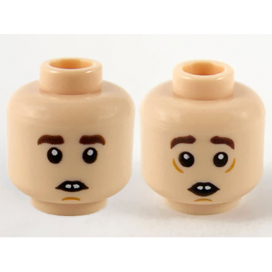 light nougat minifigure head dual sided dark brown eyebrows gap between teeth neutral scared pattern