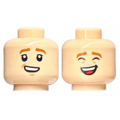 light nougat minifigure head dual sided child dark orange eyebrows lopsided smile with teeth laughing with closed eyes pattern