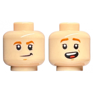 light nougat minifigure head dual sided child dark orange eyebrows lopsided grin open mouth smile with top teeth and tongue pattern