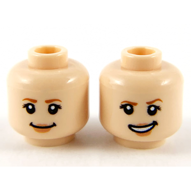 light nougat minifigure head dual sided female dark orange eyebrows peach lips grin lopsided smile with left eyebrow raised pattern