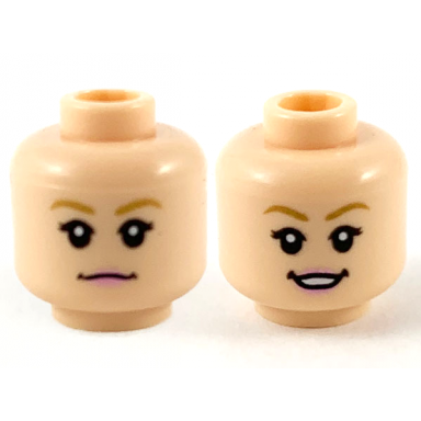 light nougat minifigure head dual sided female dark tan eyebrows bright pink lips neutral smile showing teeth pattern