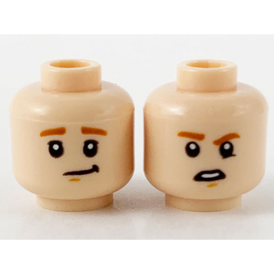 light nougat minifigure head dual sided child dark orange eyebrows lopsided smirk confused with raised right eyebrow pattern
