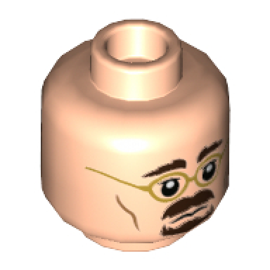light nougat minifigure head dual sided gold glasses dark brown eyebrows moustache goatee grin frown pattern