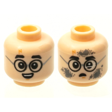 light nougat minifigure head dual sided child black eyebrows round glasses medium nougat lightning bolt scar and chin dimple open mouth smile with top teeth broken lens and dark bluish gray dirt stains pattern
