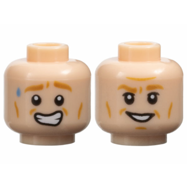 light nougat minifigure head dual sided medium nougat eyebrows and cheek lines sweat droplet and worried open mouth smile with teeth grin pattern