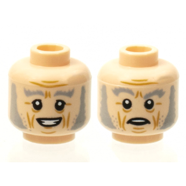 light nougat minifigure head dual sided gray eyebrows and sideburns lined face grin scared face pattern