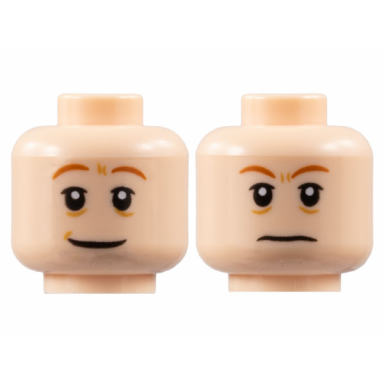 light nougat minifigure head dual sided dark orange eyebrows medium nougat wrinkles wide grin with dimple frown pattern