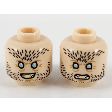 light nougat minifigure head dual sided black stubble on forehead and beard metallic light blue eyes fangs smile scowl pattern