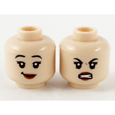 light nougat minifigure head dual sided female black eyebrows dark red lips smile scowl with teeth pattern