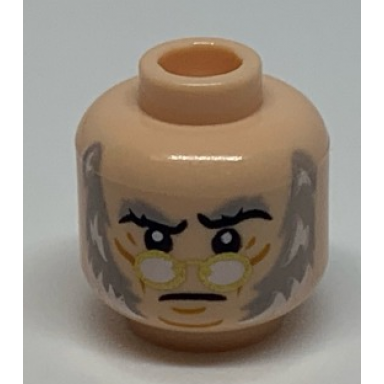 light nougat minifigure head black and light bluish gray eyebrows gold glasses chin lines light bluish gray and white sideburns pattern