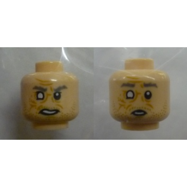 light nougat minifigure head dual sided gray eyebrows blind right eye wrinkles stubble angry surprised pattern cornelius evazan