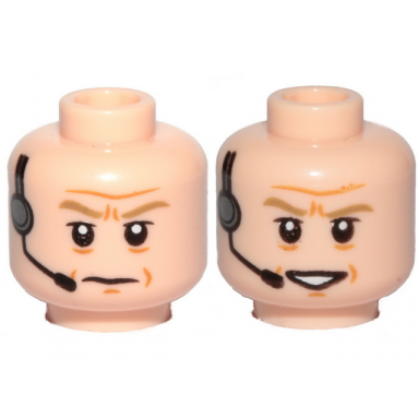 light nougat minifigure head dual sided dark tan eyebrows wrinkles headset frown smile pattern