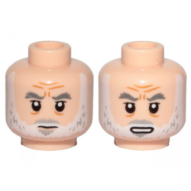 light nougat minifigure head dual sided dark bluish gray eyebrows light bluish gray moustache white beard furrowed brow neutral open mouth with teeth pattern