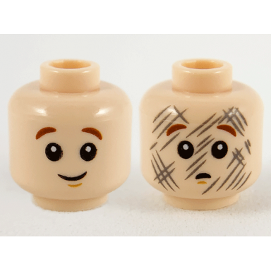 light nougat minifigure head dual sided child reddish brown eyebrows medium nougat chin dimple grin worried with dark bluish gray scuff marks pattern