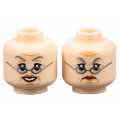 light nougat minifigure head dual sided female dark bluish gray eyebrows dark orange lips dark silver glasses medium nougat wrinkles furrowed brow open mouth smile with teeth frown pattern