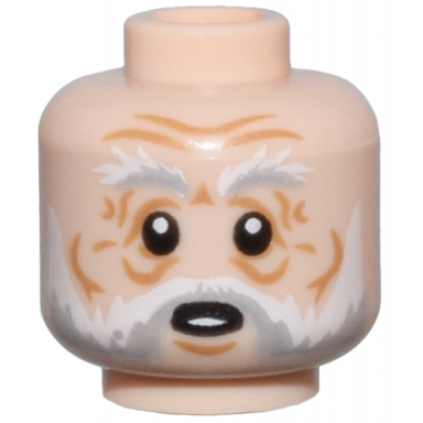 light nougat minifigure head white and light bluish gray bushy eyebrows moustache and beard medium nougat chin dimple and wrinkles surprised open mouth with bottom teeth pattern