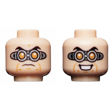 light nougat minifigure head dual sided black eyebrows silver goggles with orange circular lenses evil grin worried expression pattern