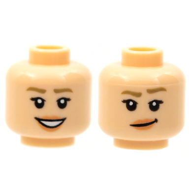 light nougat minifigure head dual sided female dark tan eyebrows nougat lips open mouth smile with teeth lopsided grin with raised eyebrow pattern
