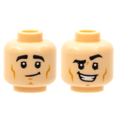 light nougat minifigure head dual sided black thick eyebrows dark orange cheek lines and chin dimple lopsided grin open mouth smile with teeth left eyebrow raised pattern