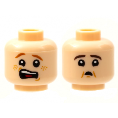 light nougat minifigure head dual sided scared open mouth with dark red eyebrows and freckles dark brown eyebrows and small mouth pattern