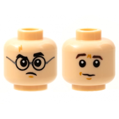 light nougat minifigure head dual sided medium nougat scar black eyebrows and glasses dark brown eyebrows right raised pattern