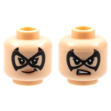 light nougat minifigure head dual sided female large black domino mask peach lips lopsided grin gritted teeth pattern