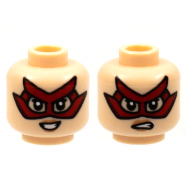 light nougat minifigure head dual sided female red domino mask with 4 points peach lips smile sneer pattern