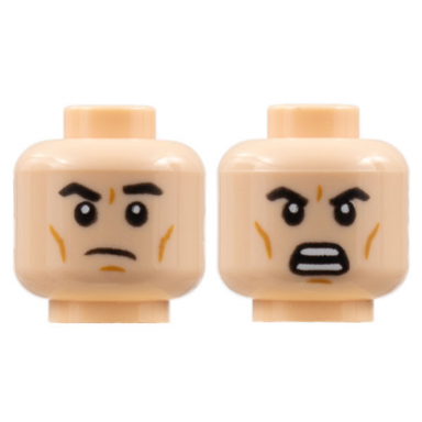 light nougat minifigure head dual sided black eyebrows dark orange cheek lines frown left eyebrow raised open scowl pattern