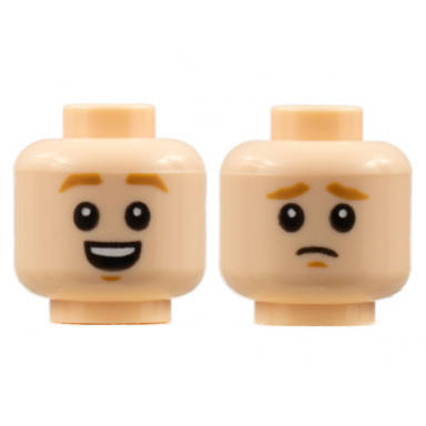 light nougat minifigure head dual sided medium nougat eyebrows and chin dimples open smile worried pattern