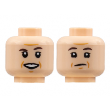 light nougat minifigure head dual sided dark brown eyebrows dark orange brow furrows and jowel lines smile neutral pattern