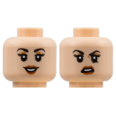 light nougat minifigure head dual sided female black eyebrows medium nougat eye shadow dark orange lips smile scowl pattern