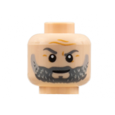 light nougat minifigure head dark orange brow furrows dark bluish gray eyebrows and beard light bluish gray highlights pattern
