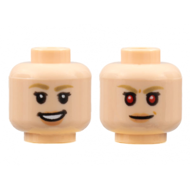 light nougat minifigure head dual sided female medium nougat eyebrows peach lips smile with teeth neutral with red eyes pattern