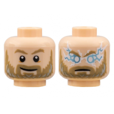 light nougat minifigure head dual sided dark tan eyebrows and full beard light bluish gray highlights grin angry with lightning eyes pattern